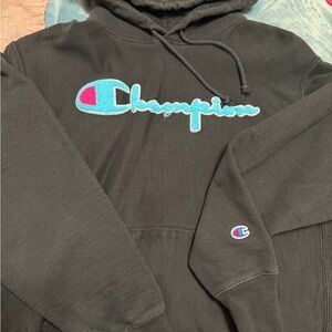 Champion Black Sweatshirt with Pink and Blue Patch